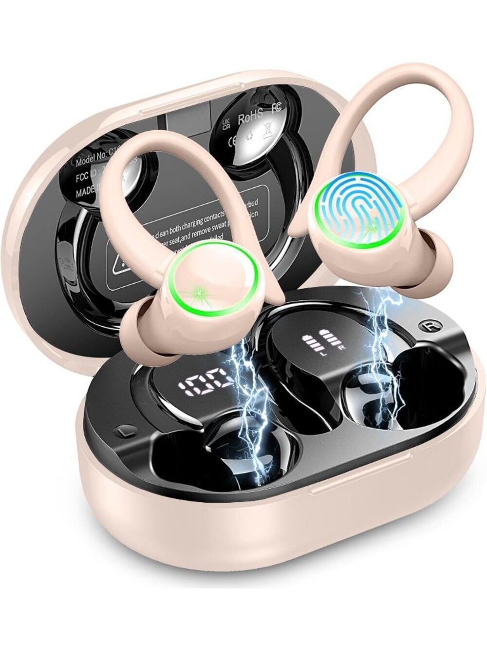 Wireless Pink IP7 Waterproof Earhook Workout 50H Playback ENC Bluetooth Earbud